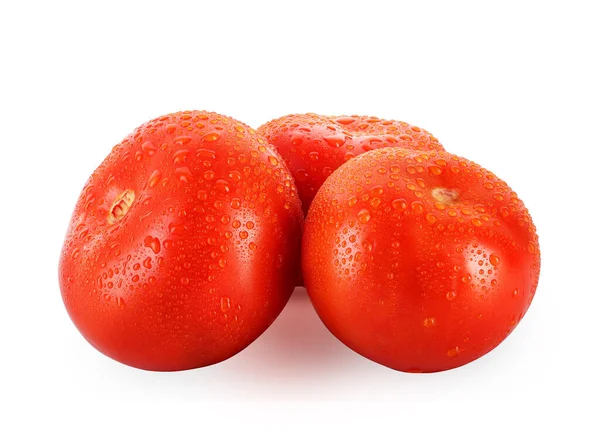 Trzy Czerwone Pomidory Kroplach Białym Tle — Zdjęcie stockowe