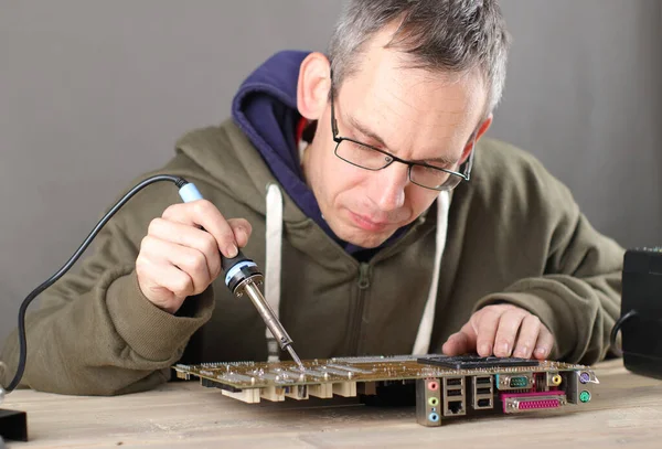 Precise Soldering Computer Motherboard Table Person — Stock Photo, Image