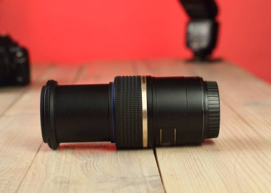 macro lens on table and colored background