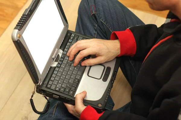Person Holding Old Laptop His Lap — Stock Photo, Image