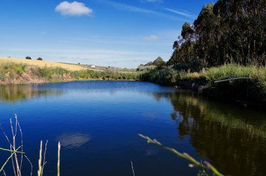 Nehir ve mavi gökyüzü bulutlar ve su yansıması, doğa serisi