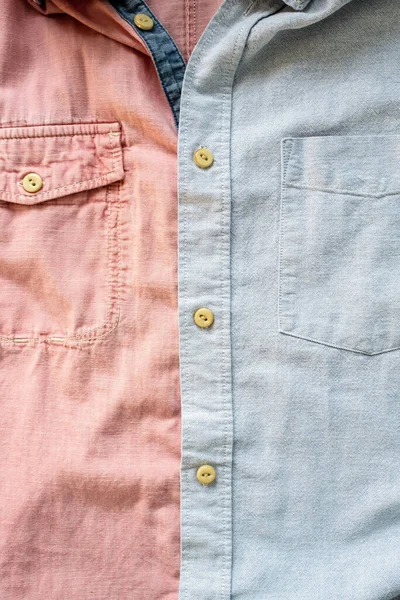 Dos Camisas Diferentes Están Abotonadas Juntas Fondo Texturizado Tela Rosa —  Fotos de Stock