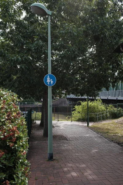 Road sign with painted people allowing only walking, against the background of trees, in the park. Security concept.