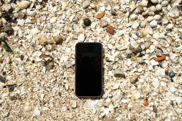 Das Smartphone Liegt Auf Muscheln Meeresufer Ist Verloren Flatley Kopierraum — Stockfoto