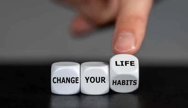 Hand Turns Dice Changes Slogan Change Your Habits Change Your — Stock Photo, Image