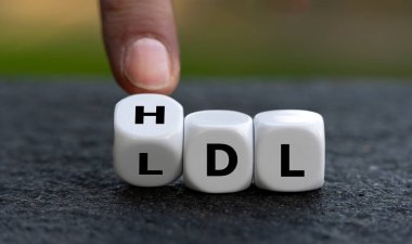 Hand turns dice and changes the abbreviation LDL (low-density lipoprotein) to HDL (high-density lipoprotein). clipart