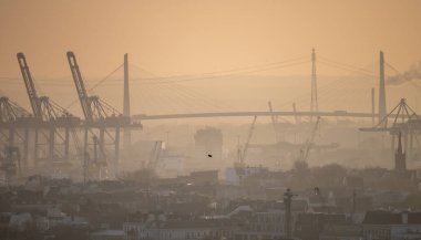 The 'Koehlbrand' bridge during sunset in Hamburg, Germany.