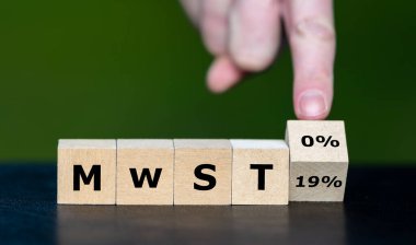 Symbol for getting a product Value-Added Tax (VAT) free. Cubes form the German expression 'MwST 19 percent' and 'MwST 0 percent' (VAT 19 and 0 percent).