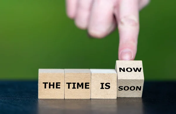Hand Turns Wooden Cube Changes Expression Time Soon Time Now — Stock Photo, Image