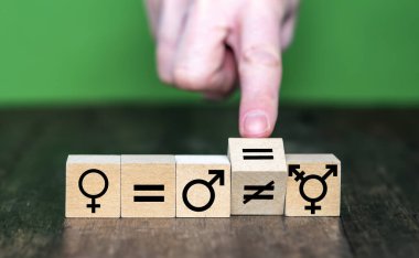 Symbol for gender equality. Hand turns a wooden cube and changes a unequal sign to a equal sign between symbols of men, women and transgender.	