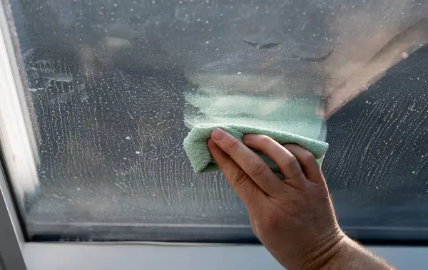 Man cleans dirty window with a cloth during sunshine.