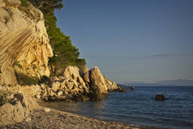 Hırvatistan 'ın Makarska kentindeki Adriyatik Denizi' nin çakıl taşlı kıyılarında kayalık kayalıklara ve çam ağaçlarına altın güneş ışığı vuruyor.