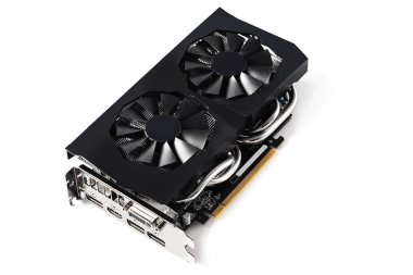Modern GPU - Beyaz arka planda izole edilmiş iki vantilatörü olan video kartı