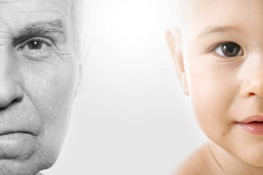 Portrait of elderly man and baby boy. Concept of rebirth and cycle of life. clipart