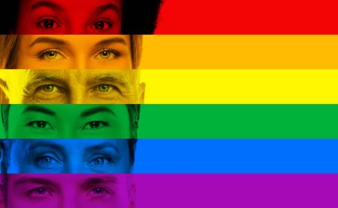 LGBT topluluğunun gökkuşağı bayrağı renginde farklı etnik kökenden ve yaştan erkek ve kadın gözlerinin yakın çekimi.