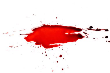 Beyaz arka planda kırmızı kan sıçramış. Tasarım için grafiksel kaynak.