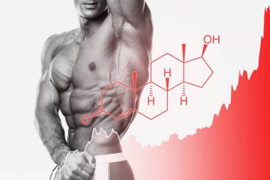 Parçalanmış erkek gövdesi, testosteron formülü ve yükselen grafiği. Hormon artırıcı yöntemler veya anabolik steroid kullanımı kavramı.
