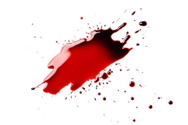 Beyaz arka planda kırmızı kan sıçramış. Tasarım için grafiksel kaynak.