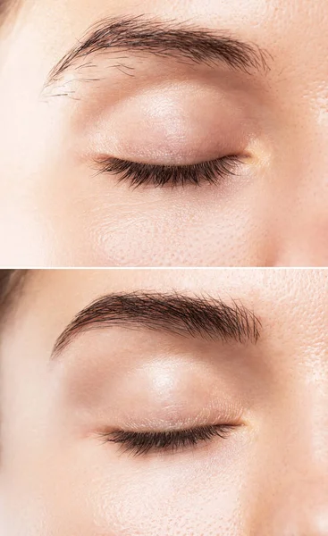 Comparación Frente Femenina Después Corrección Forma Ceja Maquillaje Permanente —  Fotos de Stock