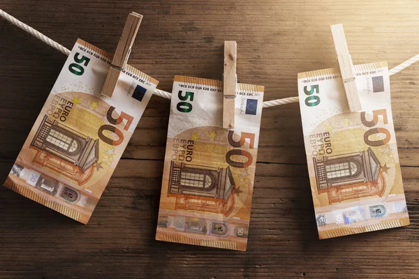 Fifty Euro Banknotes Drying White Rope Held Clothespins Councept Money — Stock Photo, Image