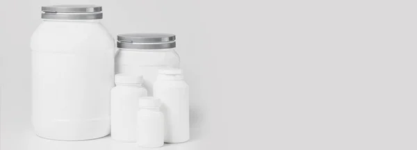 Mockup White Food Supplement Jars Gray Background — Stock Photo, Image