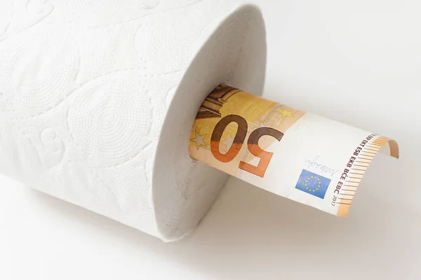 Closeup Shot Fifty Euro Banknote Put Toilet Paper Roll Concept — Stock Photo, Image