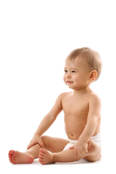 Bebek Bezli Sevimli Sağlıklı Küçük Çocuk Beyaz Arka Planda Oturuyor — Stok fotoğraf