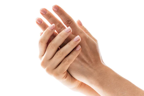 Zbliżenie Żeńskich Rąk Miękką Skórą Pięknym Francuskim Manicure Białym Tle — Zdjęcie stockowe