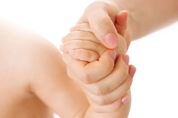 Closeup Shot Mother Holding Hands Her Little Child White Background — Stock Photo, Image