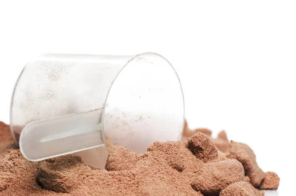 Closeup Scoop Chocolate Whey Protein Mass Gainer Powder — Stock Photo, Image