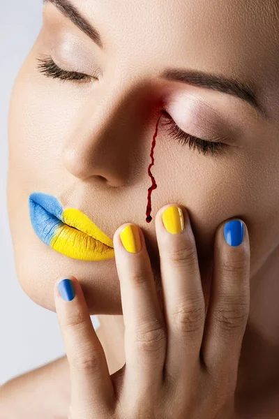 Conceptual Photo Crying Ukrainian Woman Bloody Tears — Stock Photo, Image