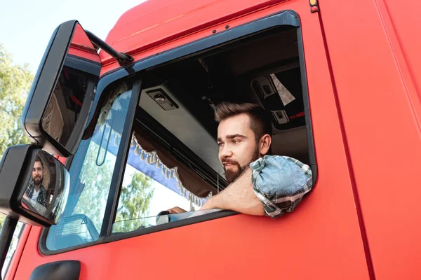 Young Happy Male Truck Driver His Red Cargo Truck — Stock Photo, Image
