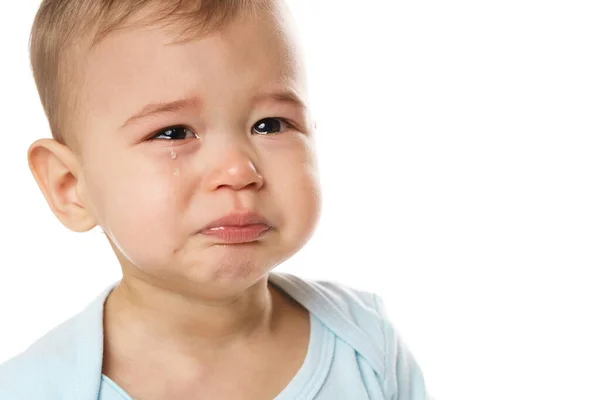 Nahaufnahme Des Gesichts Eines Entzückenden Weinenden Kleinen Jungen Strampler Auf — Stockfoto