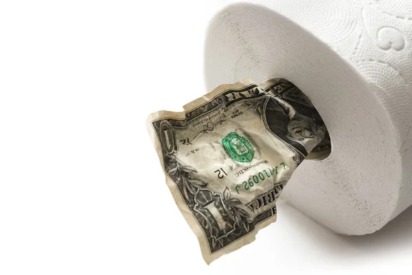 Closeup Shot Crumpled One Dollar Bill Put Toilet Paper Roll — Stock Photo, Image
