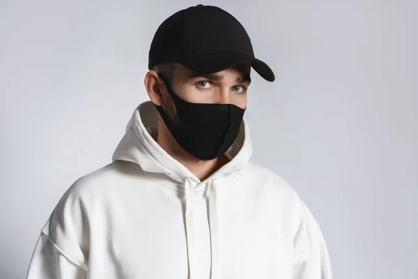 Young Man Wearing White Hoodie Black Baseball Cap Cloth Face — Stock Photo, Image