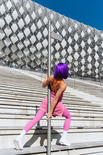 Ballerina Spensierata Che Indossa Abbigliamento Sportivo Colorato Divertendosi Sul Palo — Foto Stock