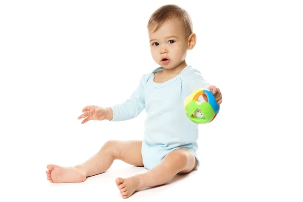 Adorable Little Boy Romper Sitting Playing Plastic Toy White Background — Stock Photo, Image