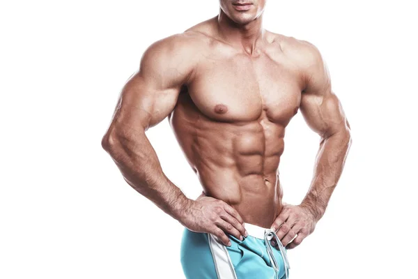 Zerfetzter Männlicher Oberkörper Mit Muskulöser Brust Und Bauch Auf Weißem — Stockfoto