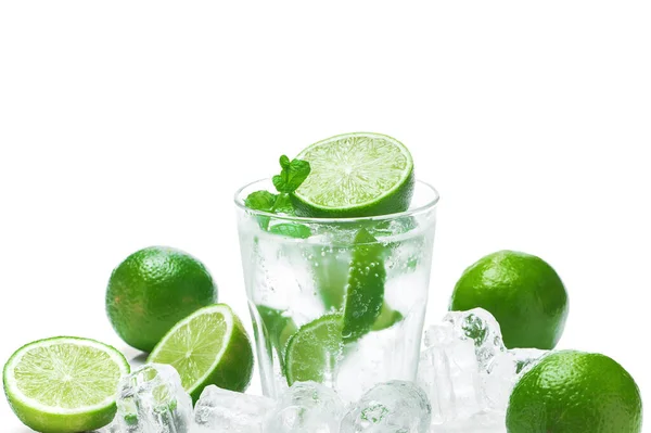 Glass Mojito Highball Cocktail Refreshing Drink Lime Mint White Background — Stock Photo, Image
