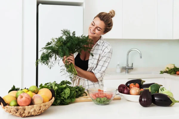 Young Pretty Woman Big Bunch Green Dill Cooking Kitchen — Stock Photo, Image