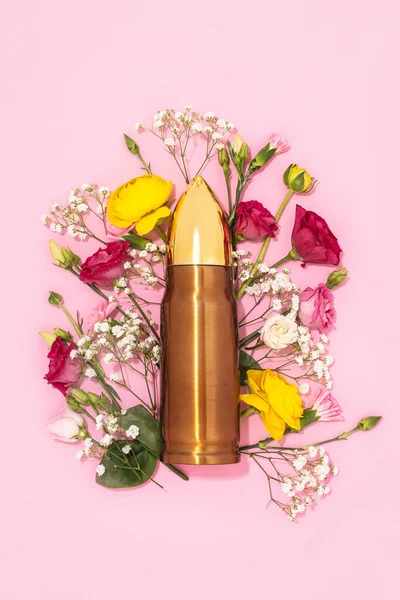 Pacifism Non Violence Movement Big Bullet Bunch Different Flowers Pastel — Stock Photo, Image