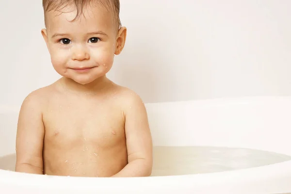 Adorable Smiling Little Boy Taking Bath Warm Water — Stock Photo, Image