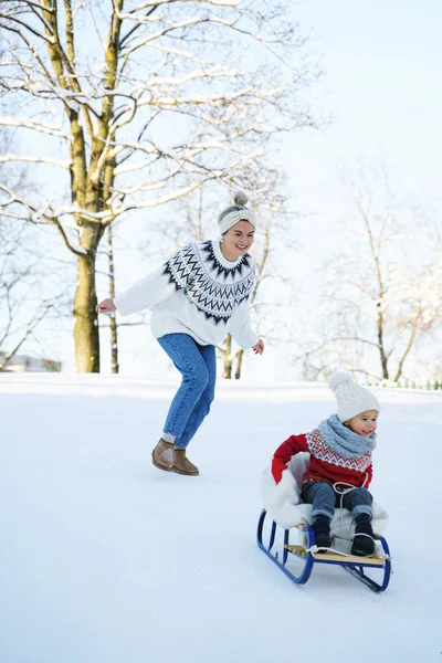Mother Her Cute Little Son Wearing Warm Sweaters Having Sledding — Stock Photo, Image