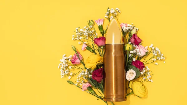 Pacifism Non Violence Movement Big Bullet Bunch Different Flowers Yellow — Stock Photo, Image
