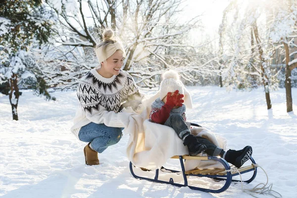 Young Mother Her Cute Little Son Retro Sled Snowy Park — Stock Photo, Image