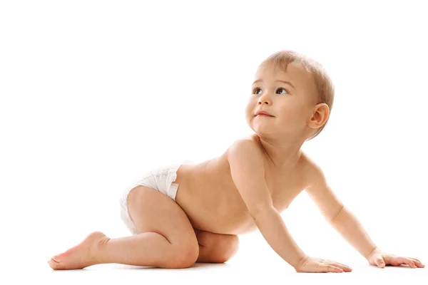Adorabile Curioso Bambino Pannolino Striscia Guarda Indietro Sfondo Bianco — Foto Stock