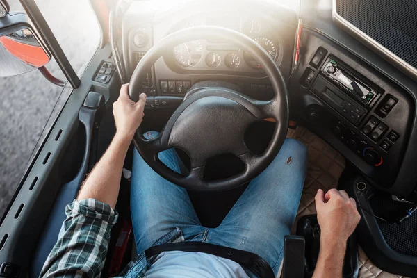 Professional Male Truck Driver Driving His Big Vehicle Steering Wheel — Stock Photo, Image