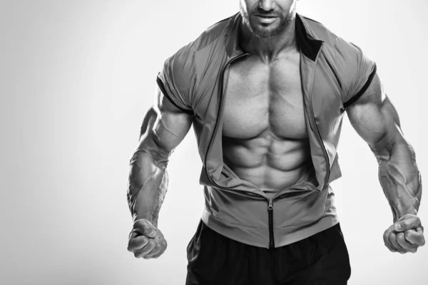 Image Monochrome Musclé Bodybuilder Homme Montrant Ses Muscles — Photo