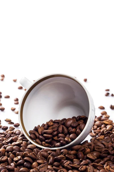白い背景に焙煎されたコーヒー豆で満たされたコーヒーカップ — ストック写真