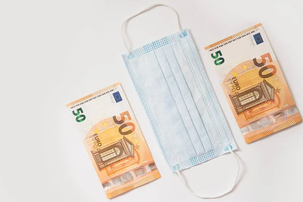 Disposable Hygienic Face Mask Two Fifty Euro Banknotes Concept Financial — Stock Photo, Image